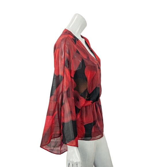 Alice + Olivia Women's V-neck Blouse Red Black Rose Size Medium - Picture 4 of 8